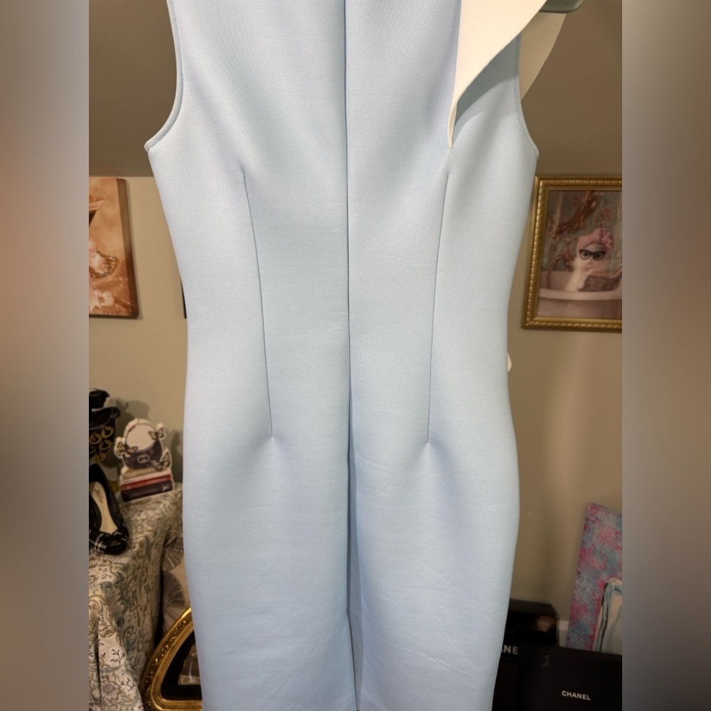 NWOT Scuba Sleeveless Nero Jatin Varma Light Blue White Ruffle Midi Dress - Picture 9 of 10
